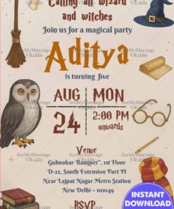 Magical Birthday Party Invitation Card with Owl, Wizard and Broom Design