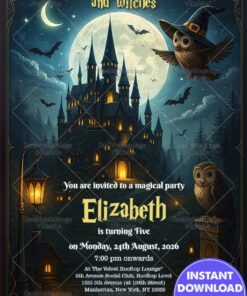 Wizard and Witches Harry Potter Theme Birthday Party Invitation with Castle Owl and Bats