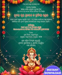 Green Theme Odia Gruha Pravesh Invitation Card with Ganesh, Lotus and Diyas Design