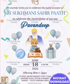 Sikh Themed First Birthday and Sri Sukhmani Sahib Paath Invitation Card with Toys Design