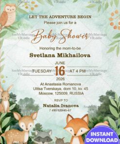 Woodland Animals Baby Shower Invitation with Forest Theme Design and Greenery