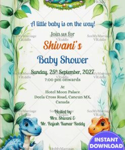 Forest Dino Cartoon Theme Baby Shower Invitation with Sleeping and Greenery Border