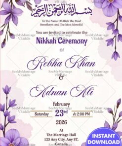 Purple Blossoms Nikkah Walima Invitation Card with Floral Watercolor Design