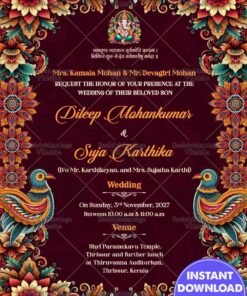 Kalamkari Peacocks Maroon Wedding Invitation Card with Ganesha Blessing