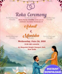 Romantic Proposal Roka Ceremony Card with Elegant Floral Theme, Fireworks and Watercolor Landscape