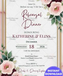 Blush & Burgundy Blooms Rehearsal Dinner Invitation Card with Gold Accents and Dusty Rose