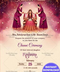 Maroon & Gold Theme Chunni Ceremony Card with Illustrated Bride and Cultural Detailing