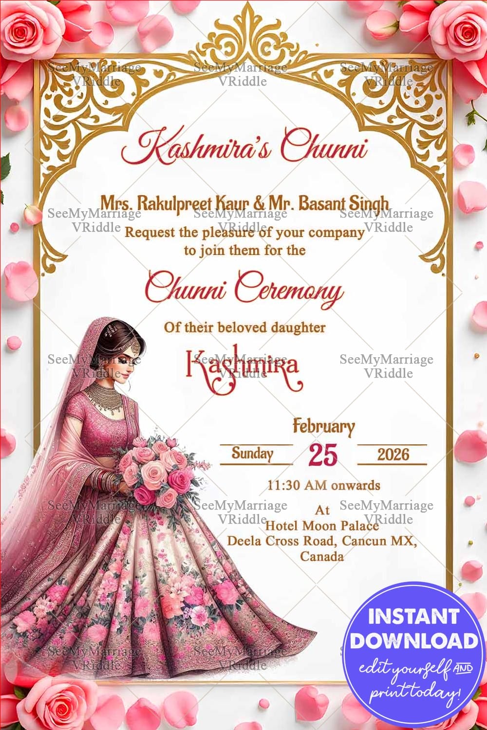 Rose Gold Chunni Ceremony with Elegant Bride Illustration, Floral Details and Ornate Frame