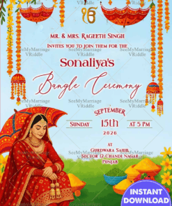 Bangle Ceremony Invitation Featuring Traditional Punjabi Bride Illustration with Marigold Floral Hangings and Vibrant Umbrellas