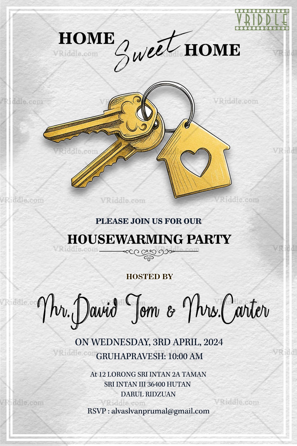 Modern Minimal Theme Housewarming Invitation with Golden Key Illustration on Elegant White Textured Background - Image 2