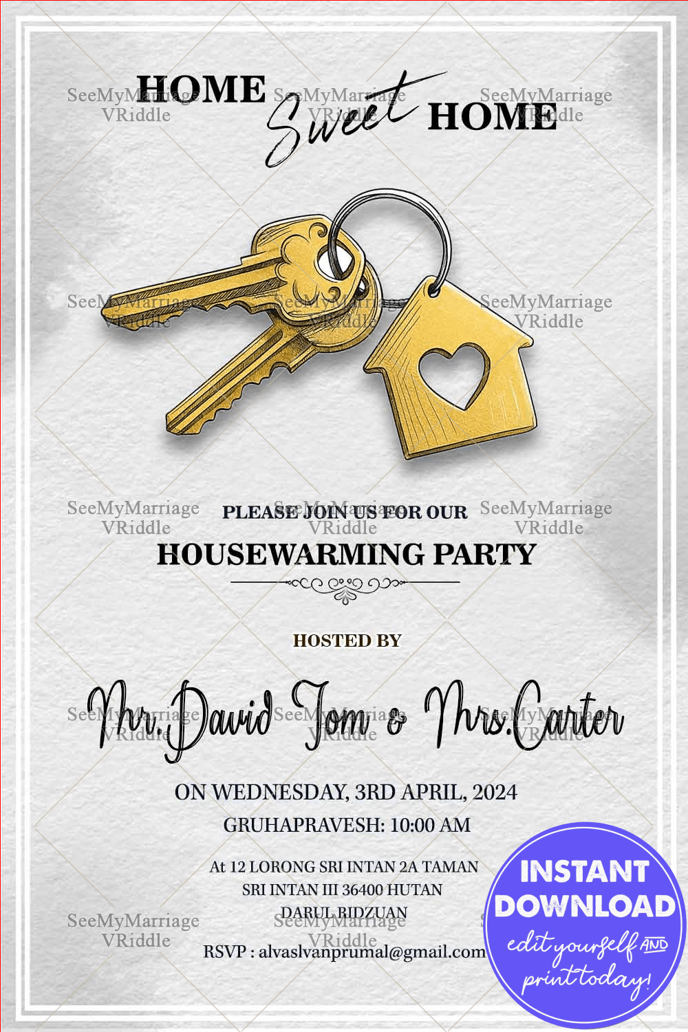 Modern Minimal Theme Housewarming Invitation with Golden Key Illustration on Elegant White Textured Background