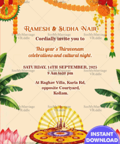 Onam Celebration Invitation Card with Banana Leaves, Colorful Pookalam and Lotus in Cream Background