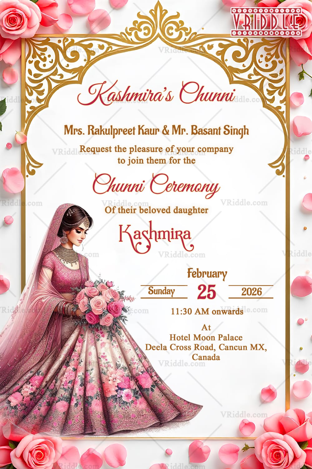 Rose Gold Chunni Ceremony with Elegant Bride Illustration, Floral Details and Ornate Frame - Image 2
