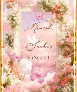Pink and Peach Blossoms Sangeet Invitation Video with Butterfly, Pastel Clouds and Fantasy Garden Design