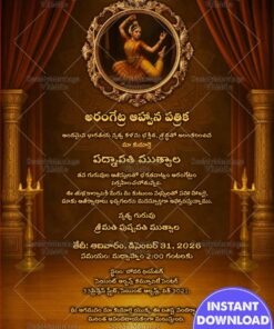 Golden-Brown Telugu Arangetram Invitation Card with Add Photo and Brass Lamps