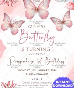 Pink Butterfly Theme First Birthday Invitation Card with Soft Botanical Accents