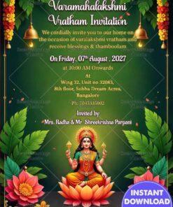 Green Theme Varamahalakshmi Vratham Invitation Card with Goddess Illustration, Lotus Design and Floral Decor