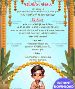 Cartoon Boy Gujarati Yagnopavit Sanskar Invitation with Marigold Decor and Sacred Fire