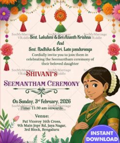 South Indian Ghibli Seemantham Ceremony Card with Traditional Saree Illustration and Floral Decor
