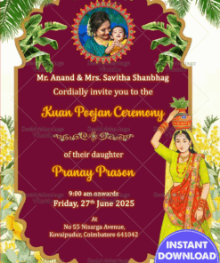 Cultural Symbolism Kuan Poojan Invitation with Mom, Banyan Tree, Yellow Florals & Add Photo Option with Warmth