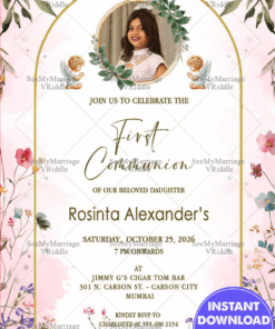 Heavenly Angel First Communion Invitation with Add Photo Option, Watercolor Florals and Golden Arch Frame