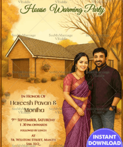 Housewarming Party Invitation Card with Couple Portrait and Charming Brick House In Autumn Fall Backdrop