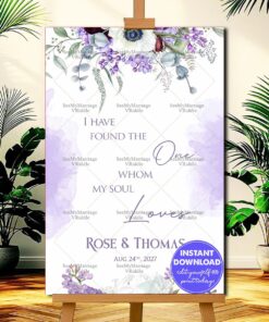 Lavender Welcome Sign Board for a Romantic Wedding Celebration In Watercolor Background
