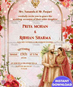Punjabi Wedding Invitation Card with Vibrant Floral Frame and Traditional Bride-Groom Illustration In Soft Pastel BG