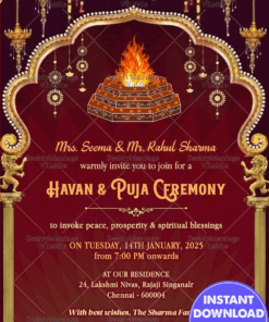 Radiant Havan & Pooja Invitation with Golden Temple Bells, Ornate Fire Pit, and Festive Maroon Backdrop