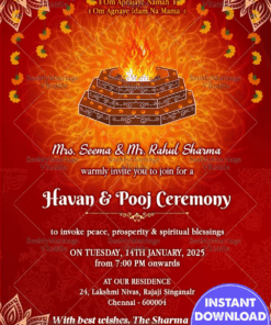 Sacred Havan Pooja Ceremony Invitation with Divine Mandala, Floral Garlands and Vibrant Red Background with Mandala Design