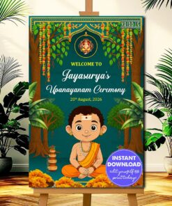 Radiating Cultural Upanayanam Ceremony Welcome Board with Cute Boy Illustration & Marigold Charm