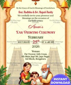 Temple Illustration Traditional Ear Piercing Ceremony Invitation Card with Baby Boy and Hindu Ritual Elements