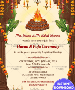 Havan Invitation Card Featuring Sacred Fire Altar Marigold Floral Decor and Temple Theme Elements
