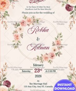 Romantic Floral Themed Islamic Wedding Invitation Card with Soft Watercolor Roses and Elegant Layout for a Joyful Celebration