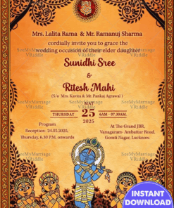 Kalamkari Wedding Invitation card with Lord Krishna artwork, Flute Design and Ethnic Patterns
