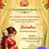Panchmasi Ceremony Invitation Featuring South Indian Pregnant Woman Illustration with Marigold Garlands and Floral Drapes