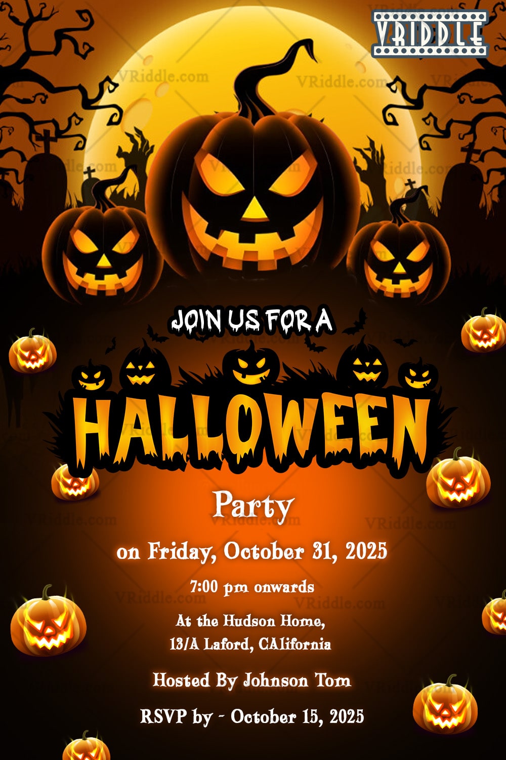 Spooky Halloween Party Invitation with Jack-o'-Lanterns, Full Moon, and Haunted Forest Theme - Image 2