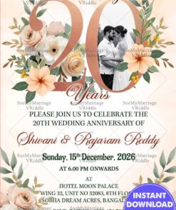 Pastel Flower Accents 20th Wedding Anniversary Invitation Card with Add Photo in Numeral Design