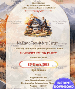Christian Housewarming Invitation with Autumn Cottage Image, Biblical Blessing