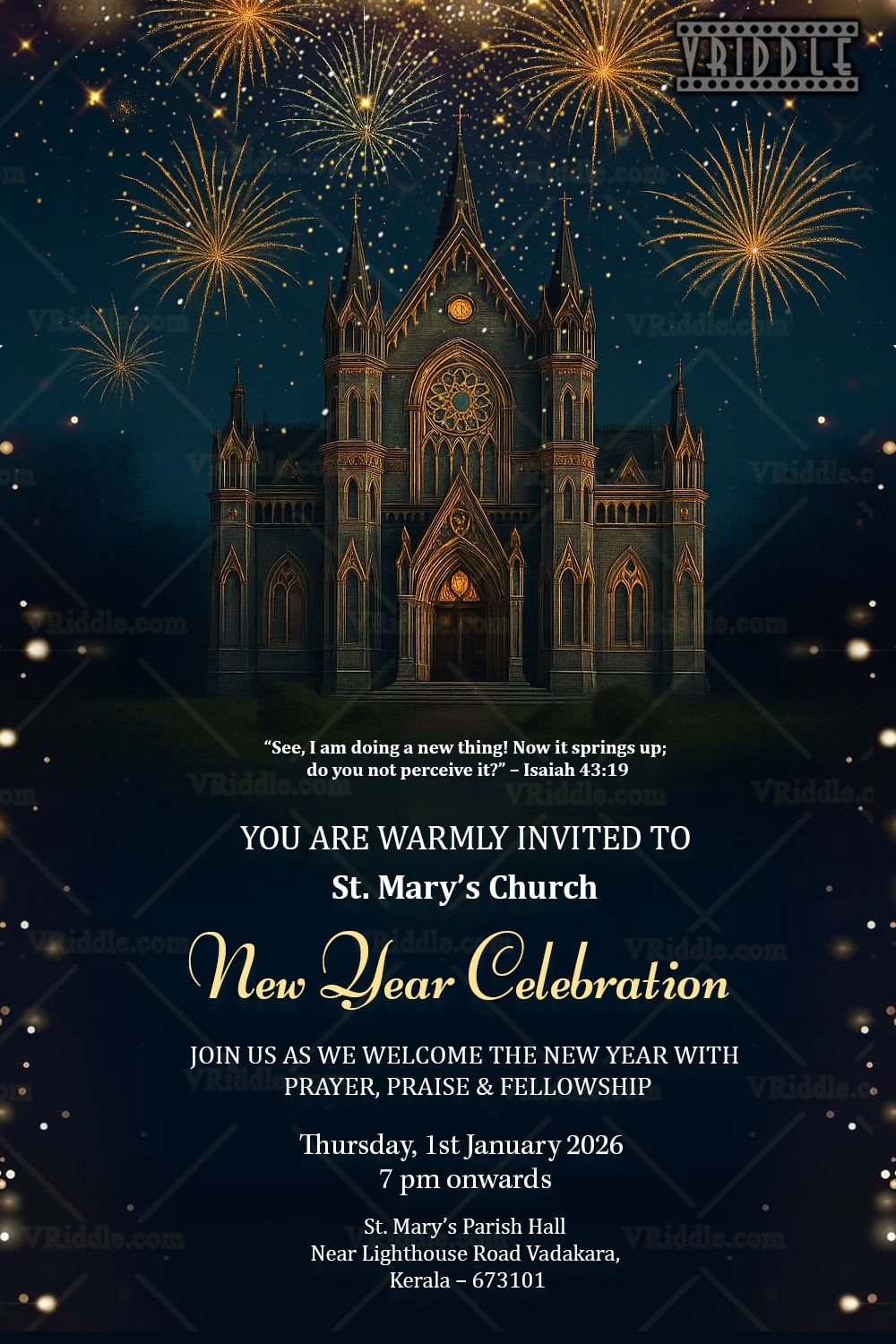 Church New Year Celebration Invitation with Fireworks Display in Night Theme - Image 2
