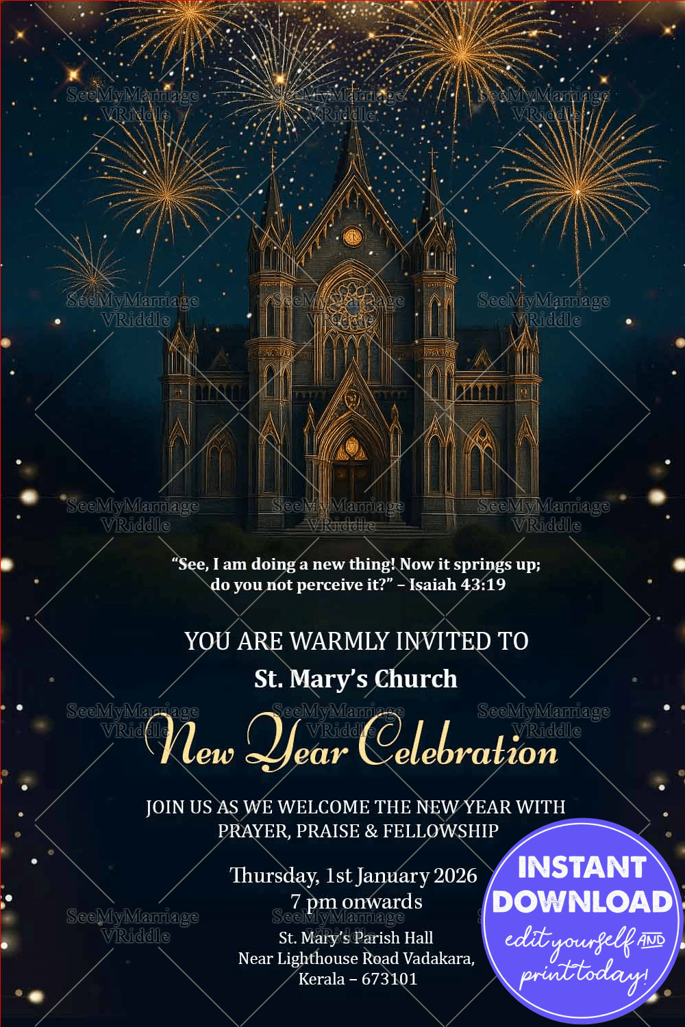 Church New Year Celebration Invitation with Fireworks Display in Night Theme