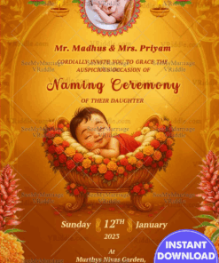 Cradle Baby Naming Ceremony Invitation with Add Photo Image and Blooming Floral In Rich Gold and Orange Backdrop