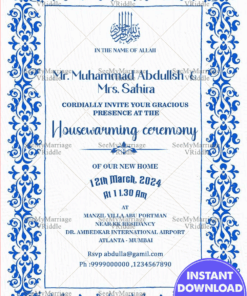 Housewarming Invitation with Royal Blue Islamic Patterns and Classic Floral Frame