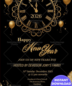 New Year’s Eve Party Invitation with Golden Clock & Sparkle Theme