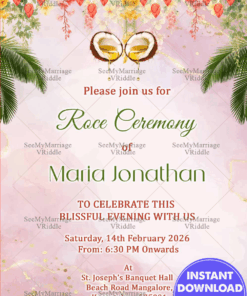 Tropical Floral Roce Ceremony Invitation with Coconut Oil Tradition for Pre-Wedding Celebration.