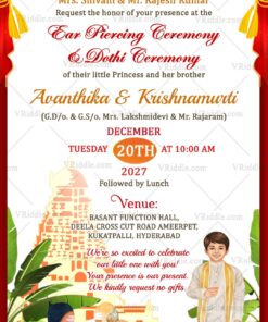 South Indian Ear Piercing & Dhoti Ceremony Invitation Card with Temple BG and Floral Garlands
