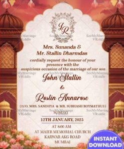 Regal Lotus Wedding Invitation Framed with Domed Arches, Floral Garlands, and Palace Pond Aesthetic
