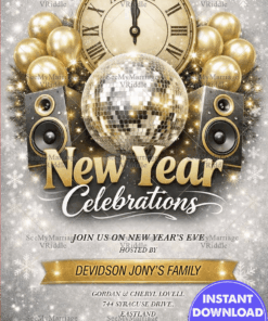 New Year Celebration Invitation with Golden Disco Ball, Sparkling Snowflakes & Countdown Clock Theme