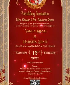 Red and Gold Rajasthani Wedding Invitation Video with Add Photo, Ornate Floral Border and QR Code