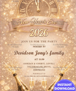 Sparkling Champagne New Year’s Eve Invitation with Midnight Clock & Golden Festive Charm